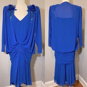 Casadei Royal Blue Midi Dress with Floral Shoulder Appliqués